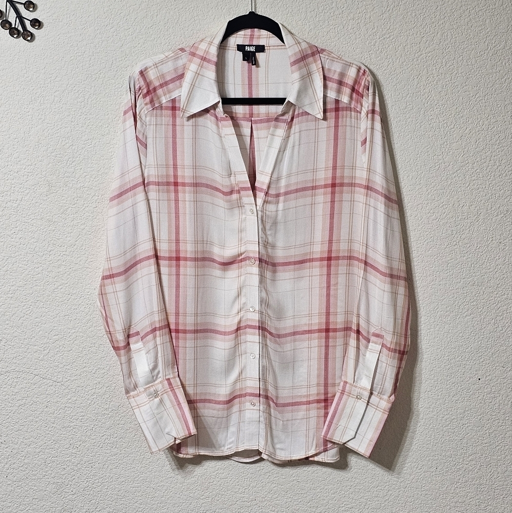 Paige Shirt Womens L Button Up Long Sleeve Plaid 100% Viscose  Blouse Top